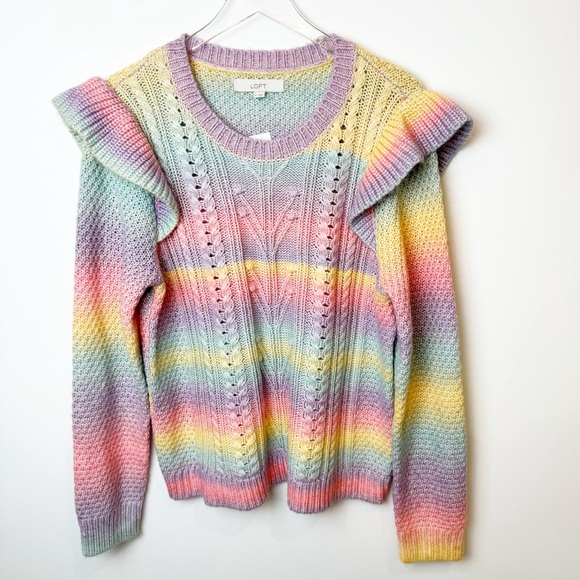 LOFT | Pastel Rainbow Spacedye Ruffle Sleeve Sweater NWT - Picture 2 of 9